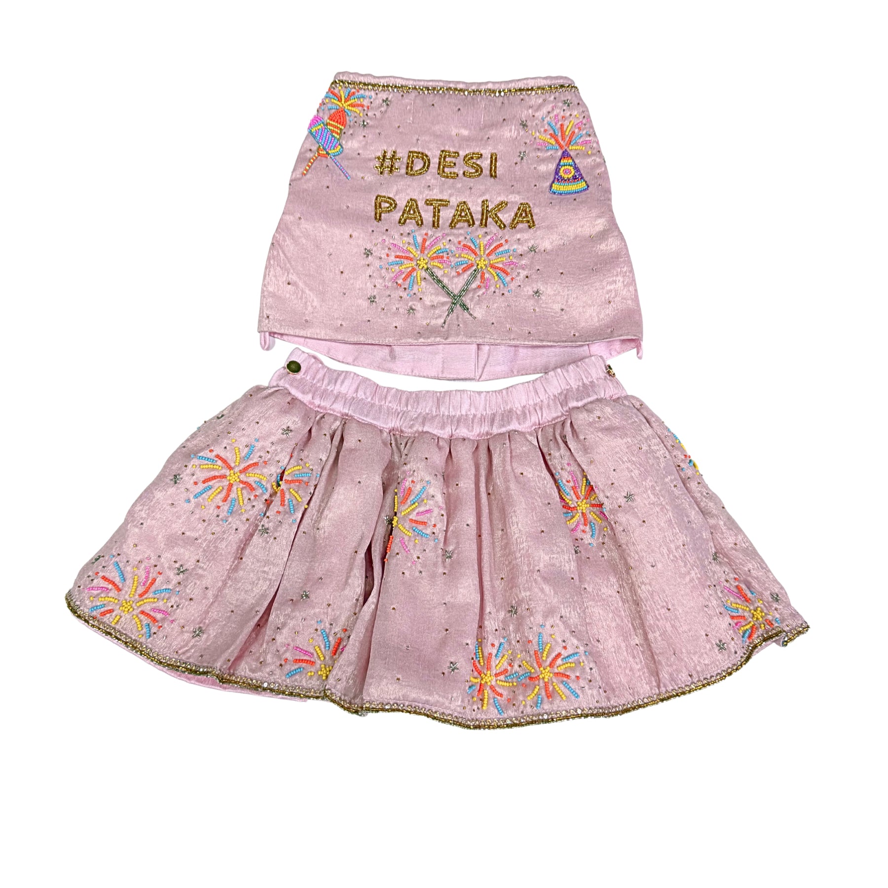 PASTEL PINK DESI PATAKA HAND EMBROIDERED LEHENGA FOR DOGS AND CATS