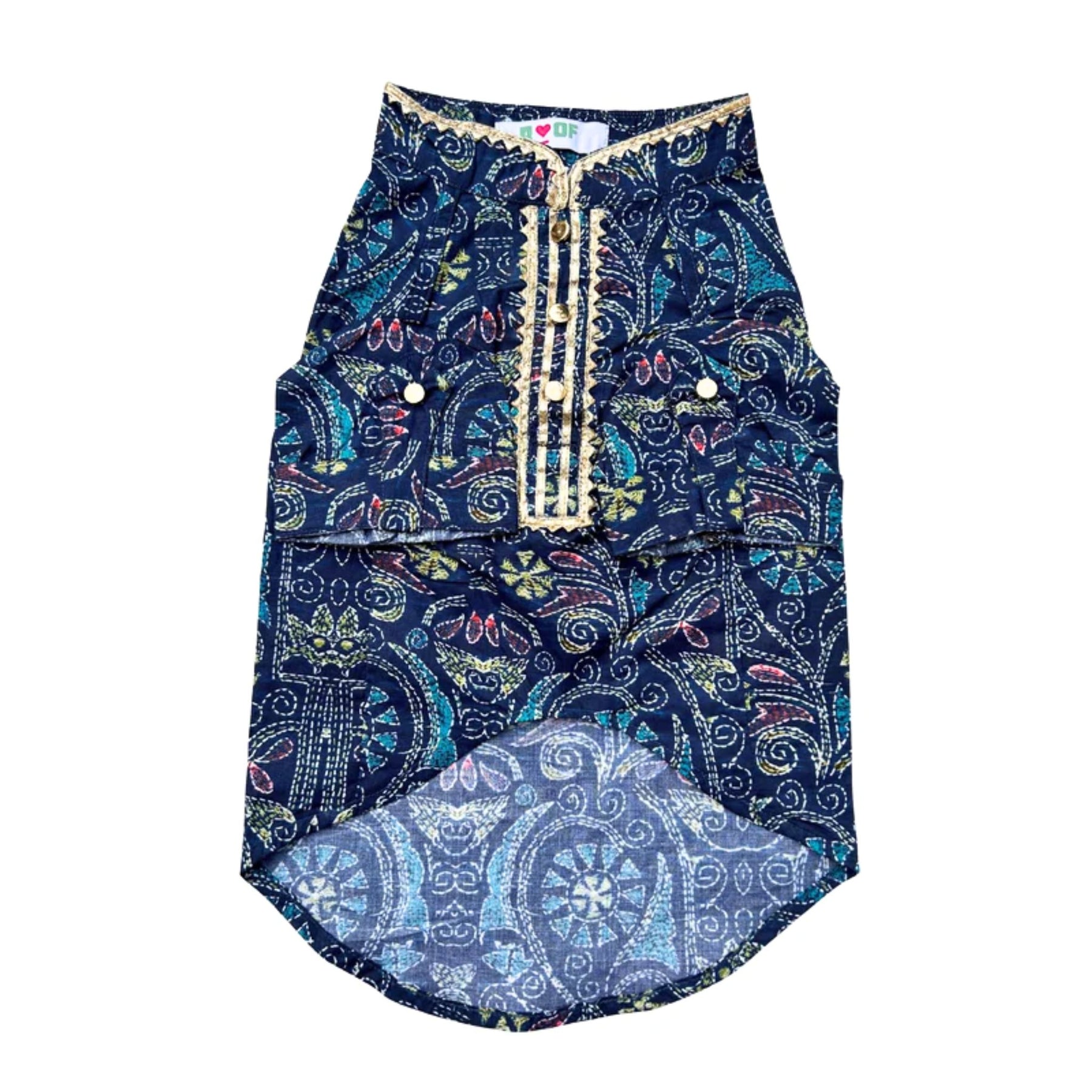 NAVY BLUE KANTHA PRINT COTTON KURTA FOR DOGS AND CATS + LITTLE BRO HEART RAKHI FOR DOG AND CATS