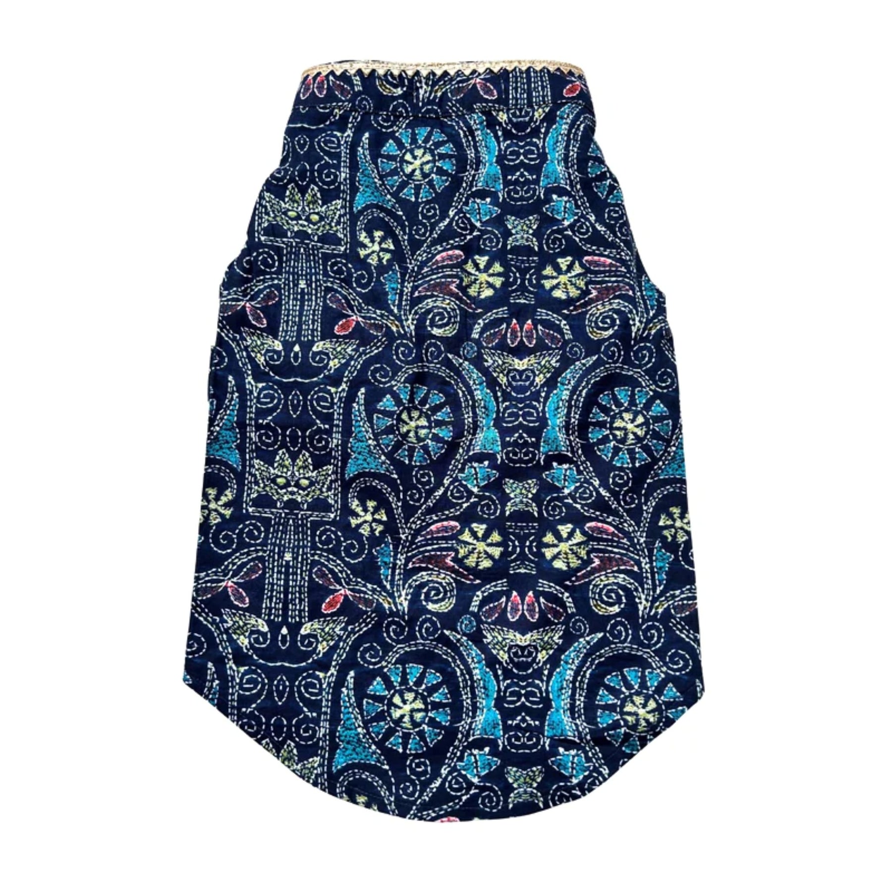 NAVY BLUE KANTHA PRINT COTTON KURTA FOR DOGS AND CATS + LITTLE BRO HEART RAKHI FOR DOG AND CATS