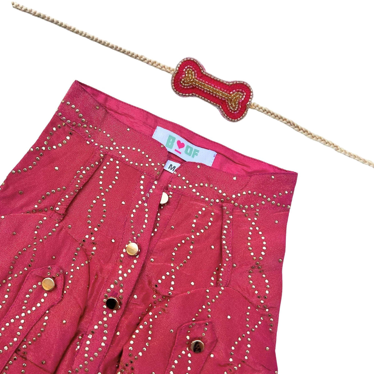 RUBY PINK MUKAISH WORK DOG KURTA+PINK GOLD BONE RAKHI FOR DOGS AND CATS