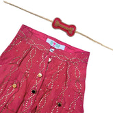 RUBY PINK MUKAISH WORK DOG KURTA+PINK GOLD BONE RAKHI FOR DOGS AND CATS