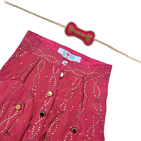 RUBY PINK MUKAISH WORK DOG KURTA+PINK GOLD BONE RAKHI FOR DOGS AND CATS