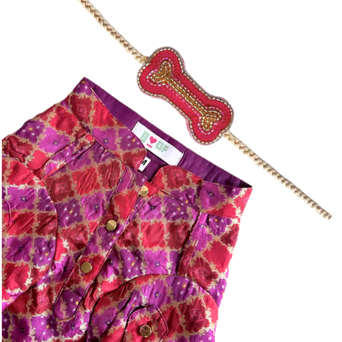 PURPLE TWO TONE BROCADE DOG KURT + PINK GOLD BONE RAKHI FOR DOGS AND CATS