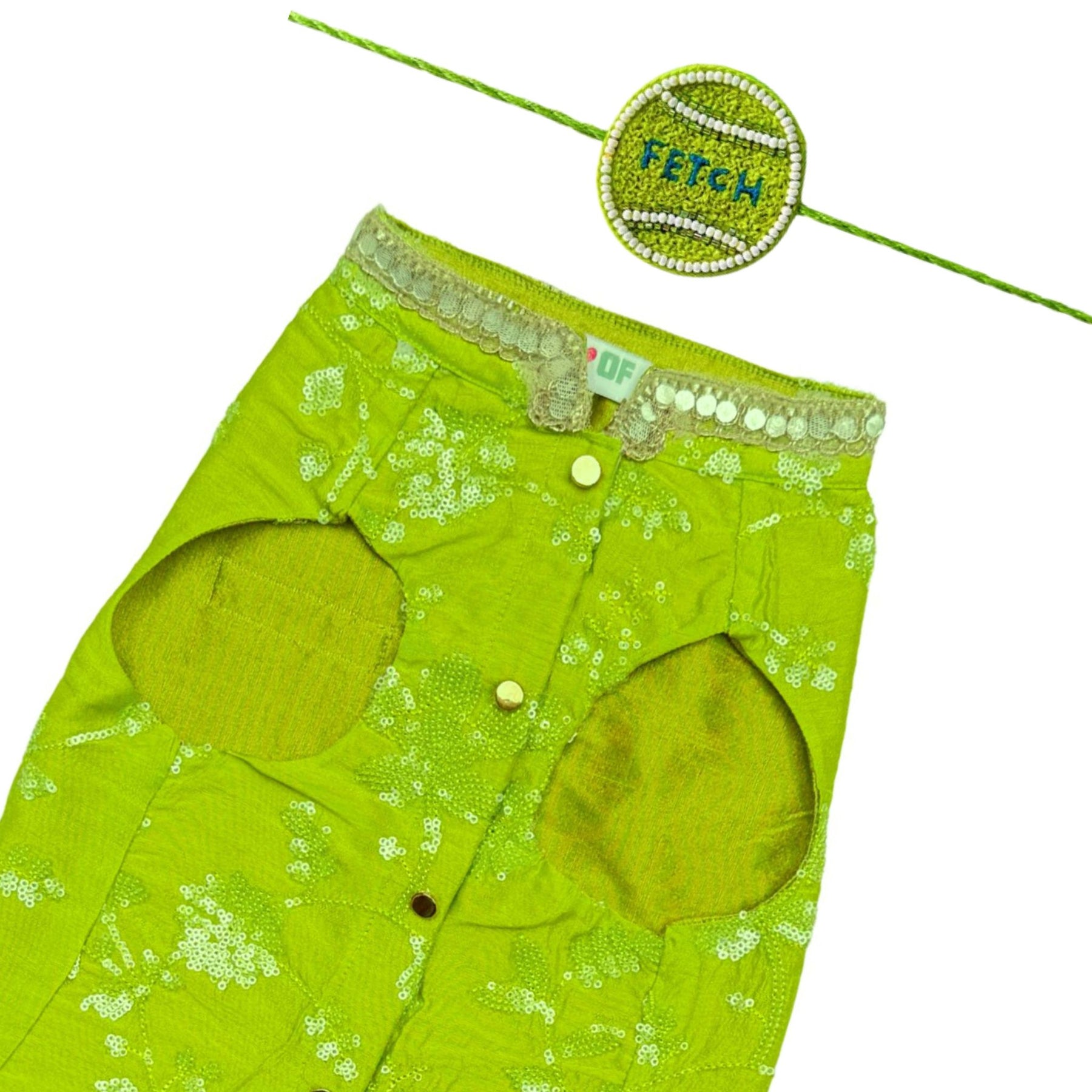 LIGHT GREEN SEQUINS SHERWANI+GREEN FETCH BALL RAKHI FOR DOGS AND CATS