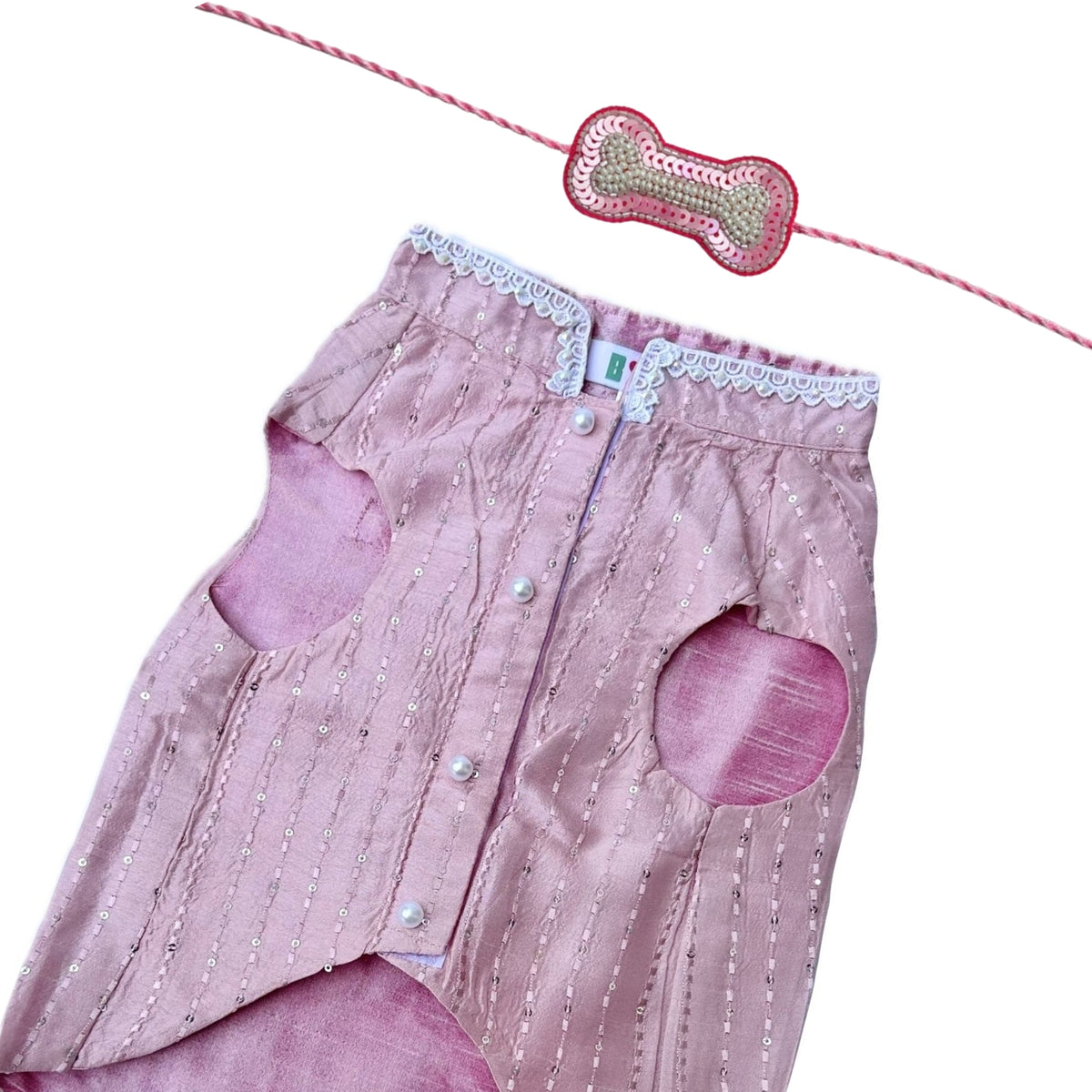 PINK TEXTURED PEARL DOG SHERWANI+LIGHT PINK PEARL RAKHI FOR DOGS AND CATS