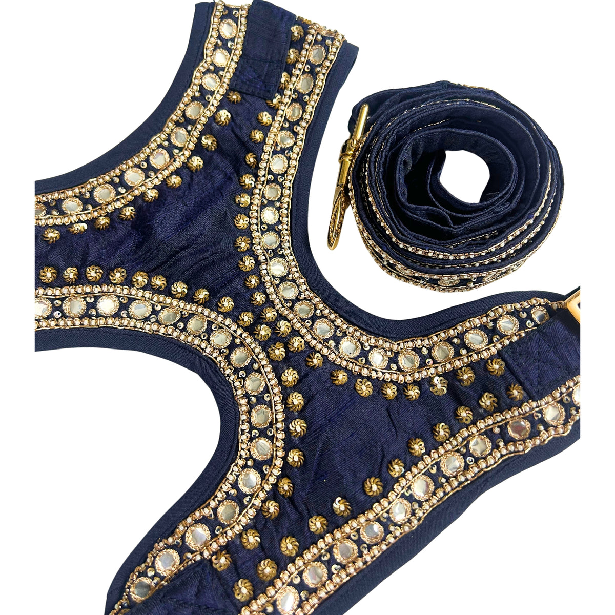 NAVY BLUE MIRROR HAND EMBROIDERED HARNESS + LEASH FOR DOGS AND CATS