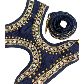 NAVY BLUE MIRROR HAND EMBROIDERED HARNESS + LEASH FOR DOGS AND CATS
