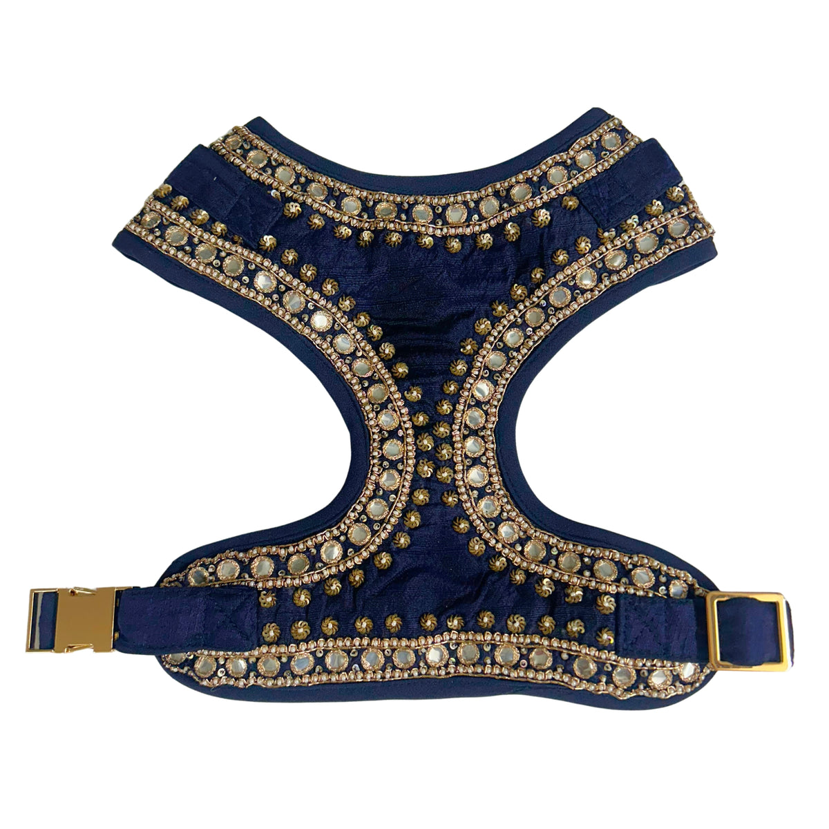 NAVY BLUE MIRROR HAND EMBROIDERED HARNESS + LEASH FOR DOGS AND CATS