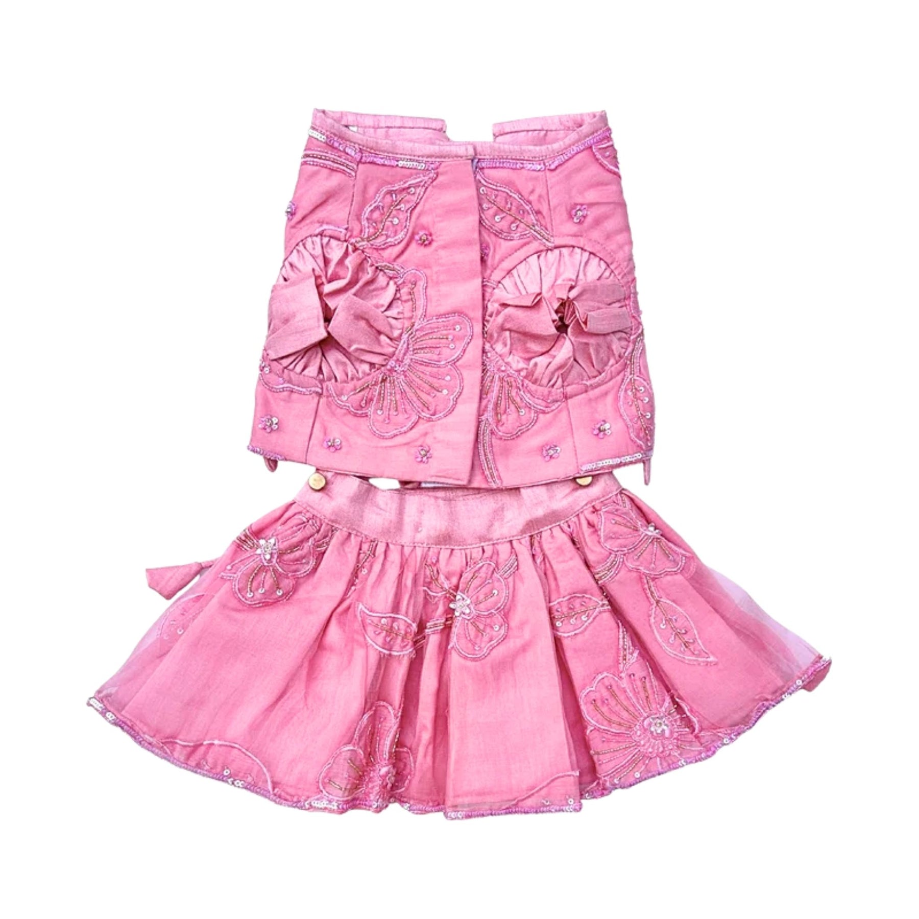 PINK BEADED FLOWER APPLIQUE HAND EMBROIDERED LEHENGA FOR DOGS AND CATS