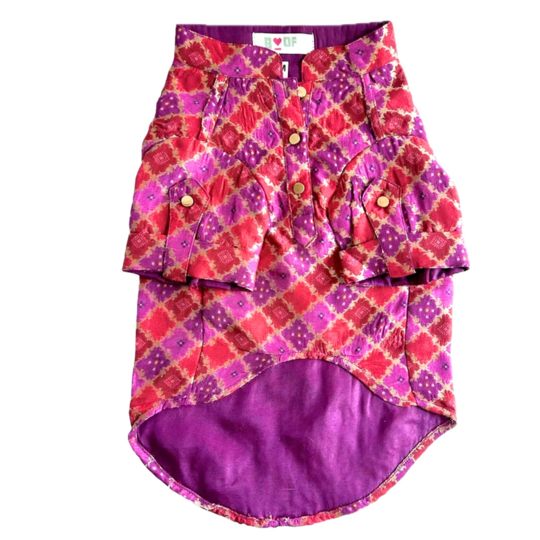 PURPLE TWO TONE BROCADE DOG KURTA+YELLOW STAR WOOF RAKHI