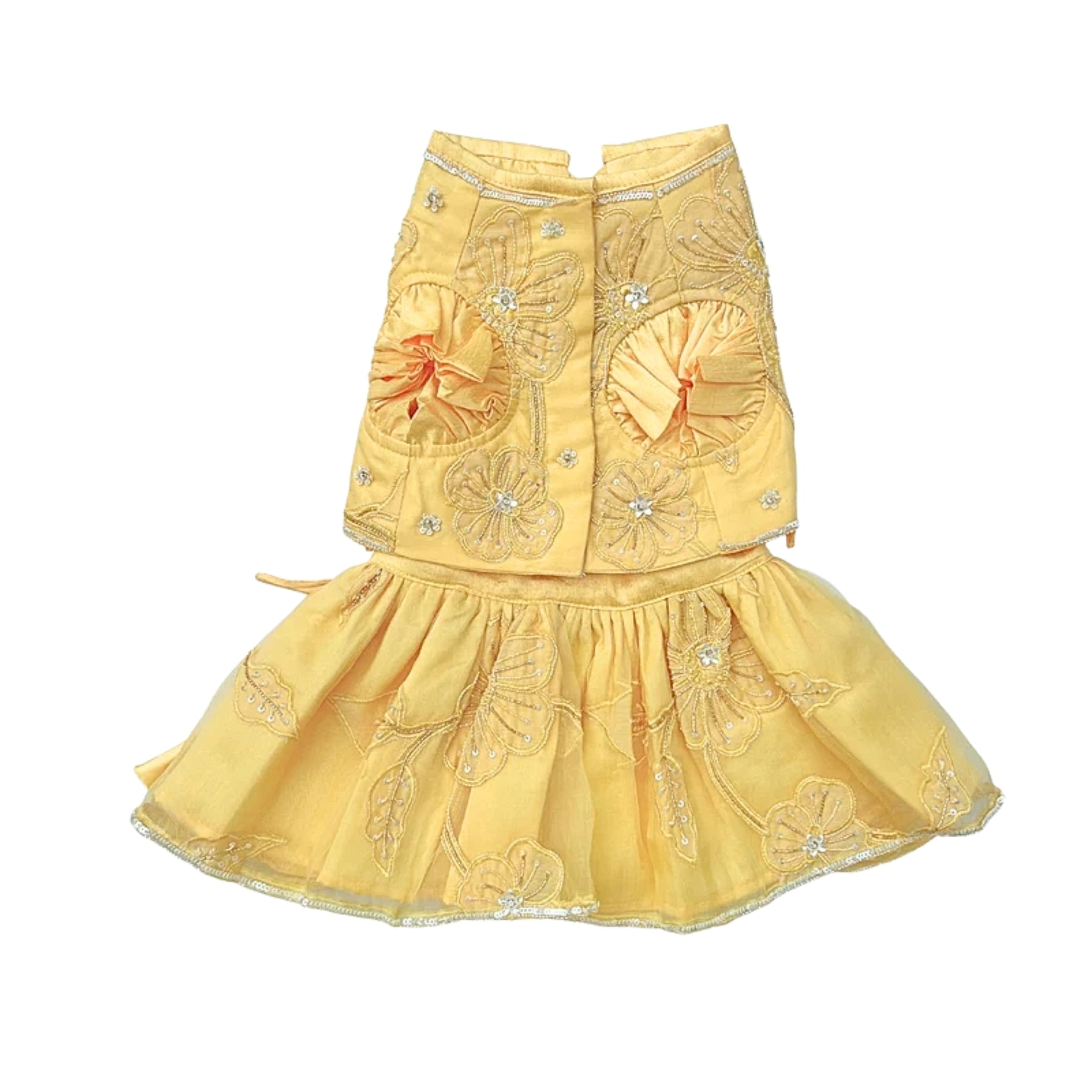 YELLOW BEADED FLOWER APPLIQUE HAND EMBROIDERED LEHENGA FOR DOGS AND CATS