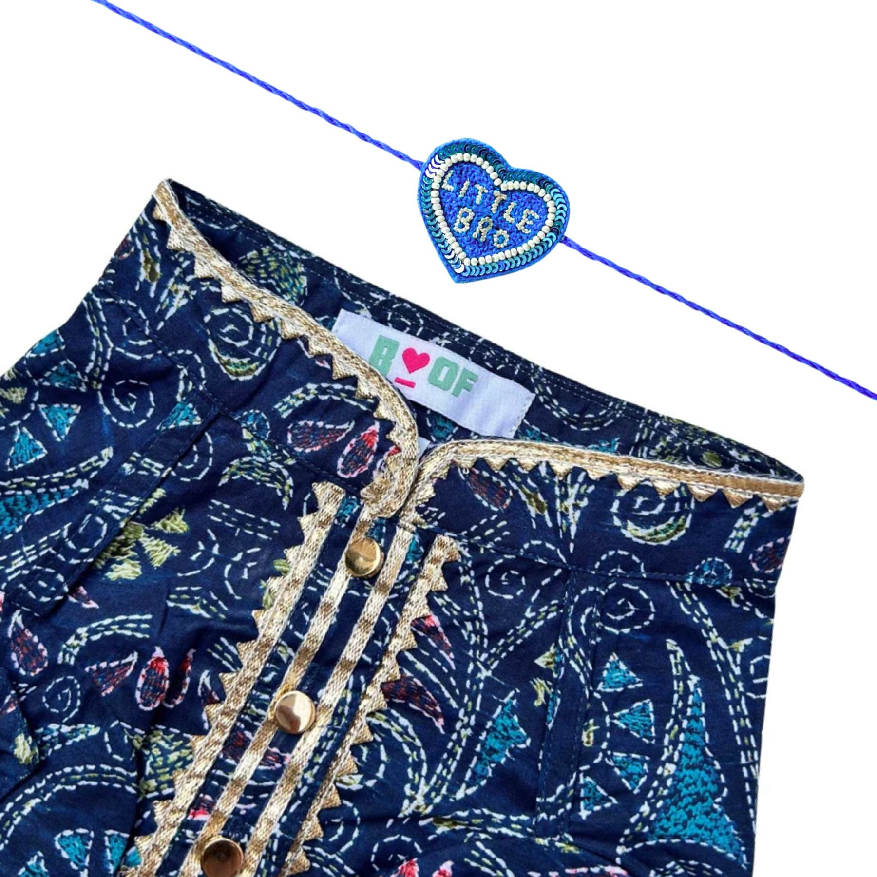 NAVY BLUE KANTHA PRINT COTTON KURTA FOR DOGS AND CATS + LITTLE BRO HEART RAKHI FOR DOG AND CATS