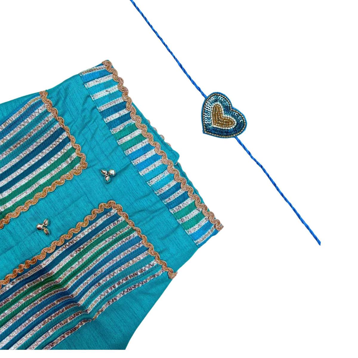 KHANAK TEAL BLUE LEHENGA FOR DOGS AND CATS + BLUE HEART RAKHI FOR DOGS AND CATS