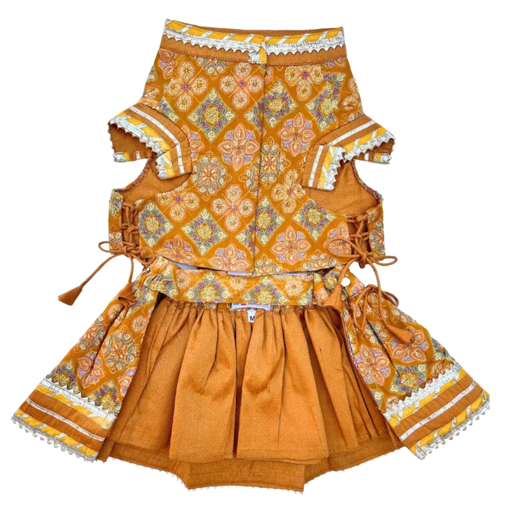 MUSTARD YELLOW PATIALA MOTIF DOG LEHENGA + YELLOW PAW-SOME RAKHI FOR DOGS AND CATS