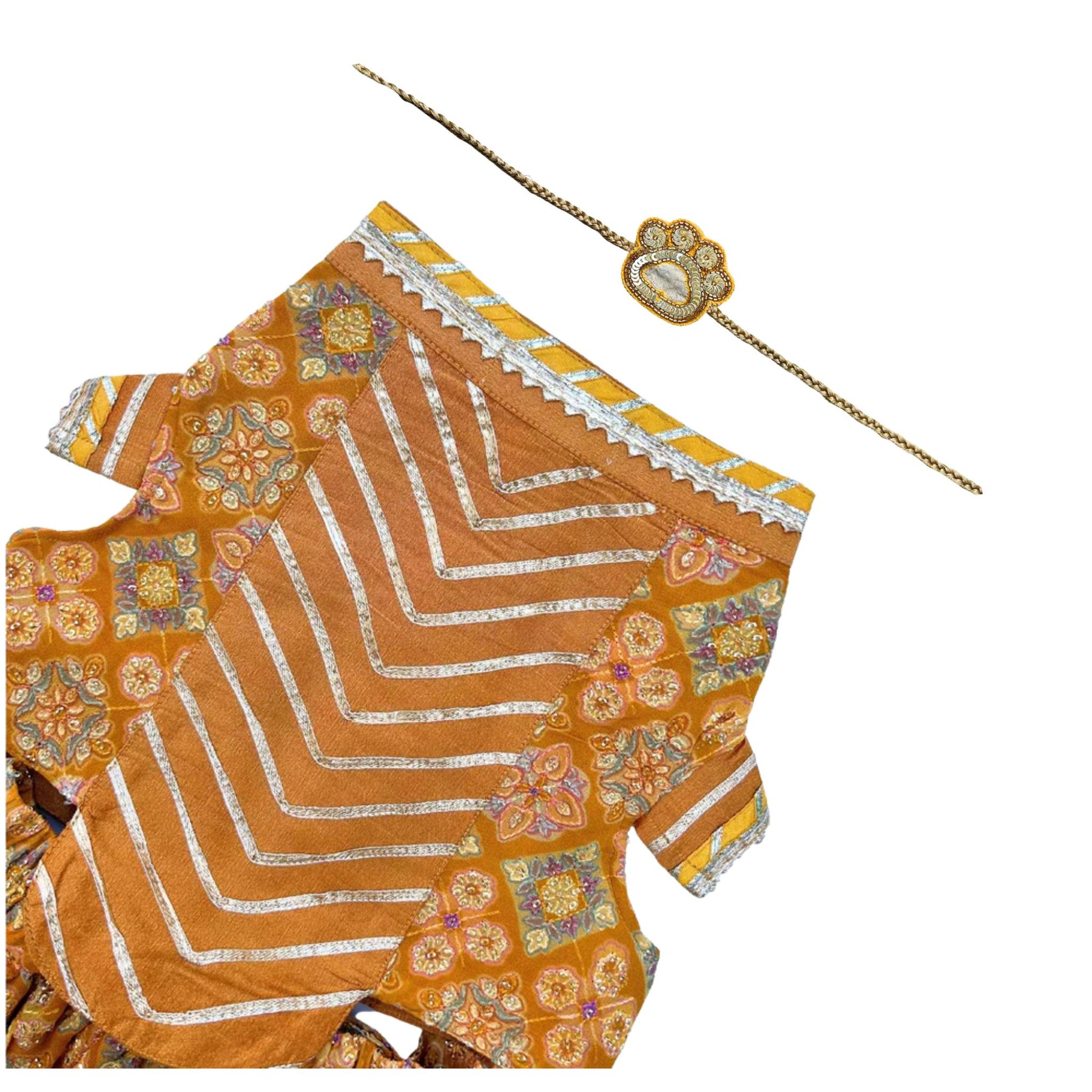 MUSTARD YELLOW PATIALA MOTIF DOG LEHENGA + YELLOW PAW-SOME RAKHI FOR DOGS AND CATS