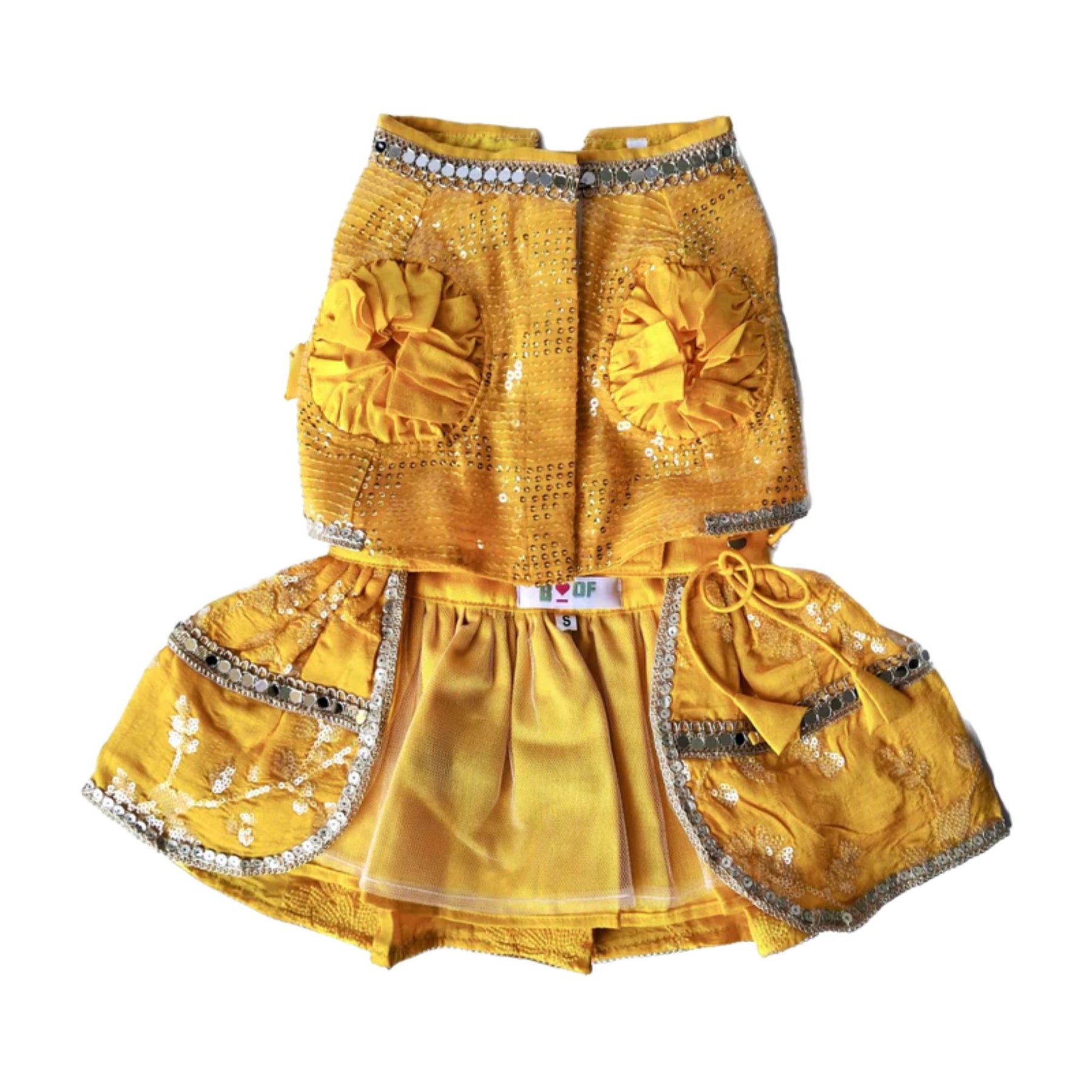 YELLOW SEQUINS DOG LEHENGA + SILVER YELLOW PEARL BONE RAKHI FOR DOGS AND CATS