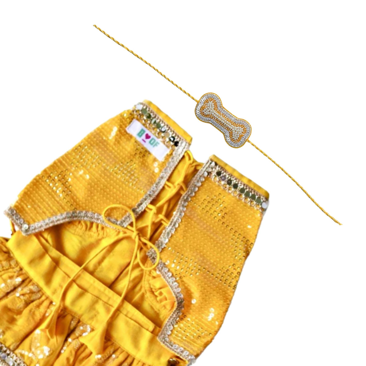 YELLOW SEQUINS DOG LEHENGA + SILVER YELLOW PEARL BONE RAKHI FOR DOGS AND CATS