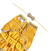YELLOW SEQUINS DOG LEHENGA + SILVER YELLOW PEARL BONE RAKHI FOR DOGS AND CATS