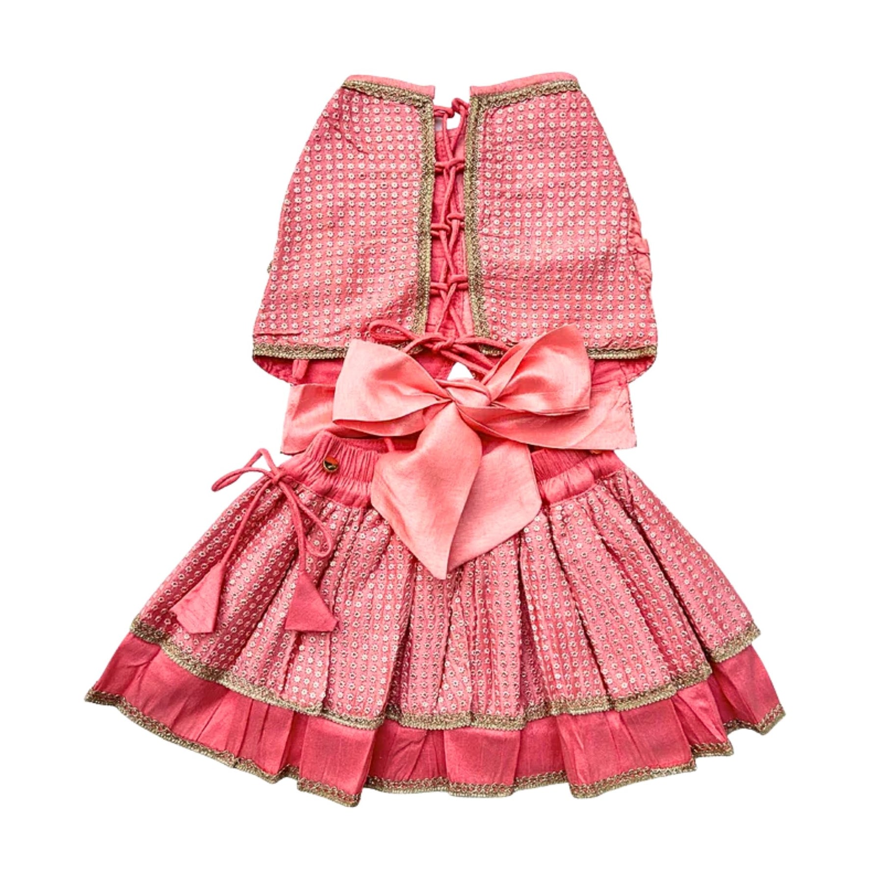 PEACH PINK SITARA BOW LEHENGA + PINK PAW-SOME RAKHI FOR DOGS AND CATS