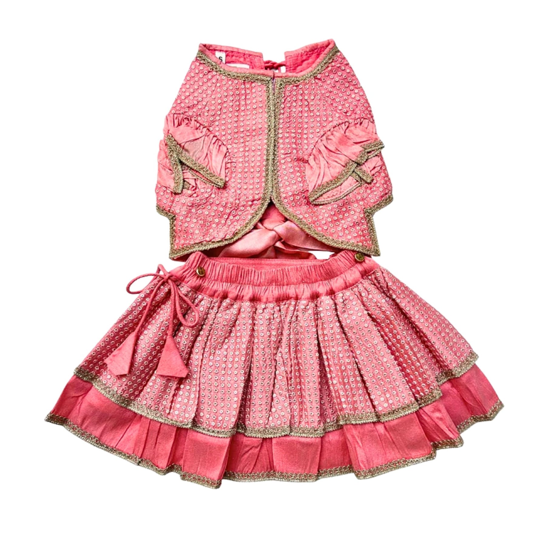 PEACH PINK SITARA BOW LEHENGA + PINK PAW-SOME RAKHI FOR DOGS AND CATS