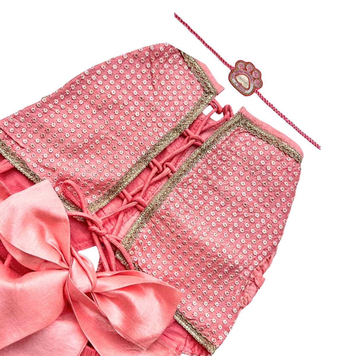 PEACH PINK SITARA BOW LEHENGA + PINK PAW-SOME RAKHI FOR DOGS AND CATS