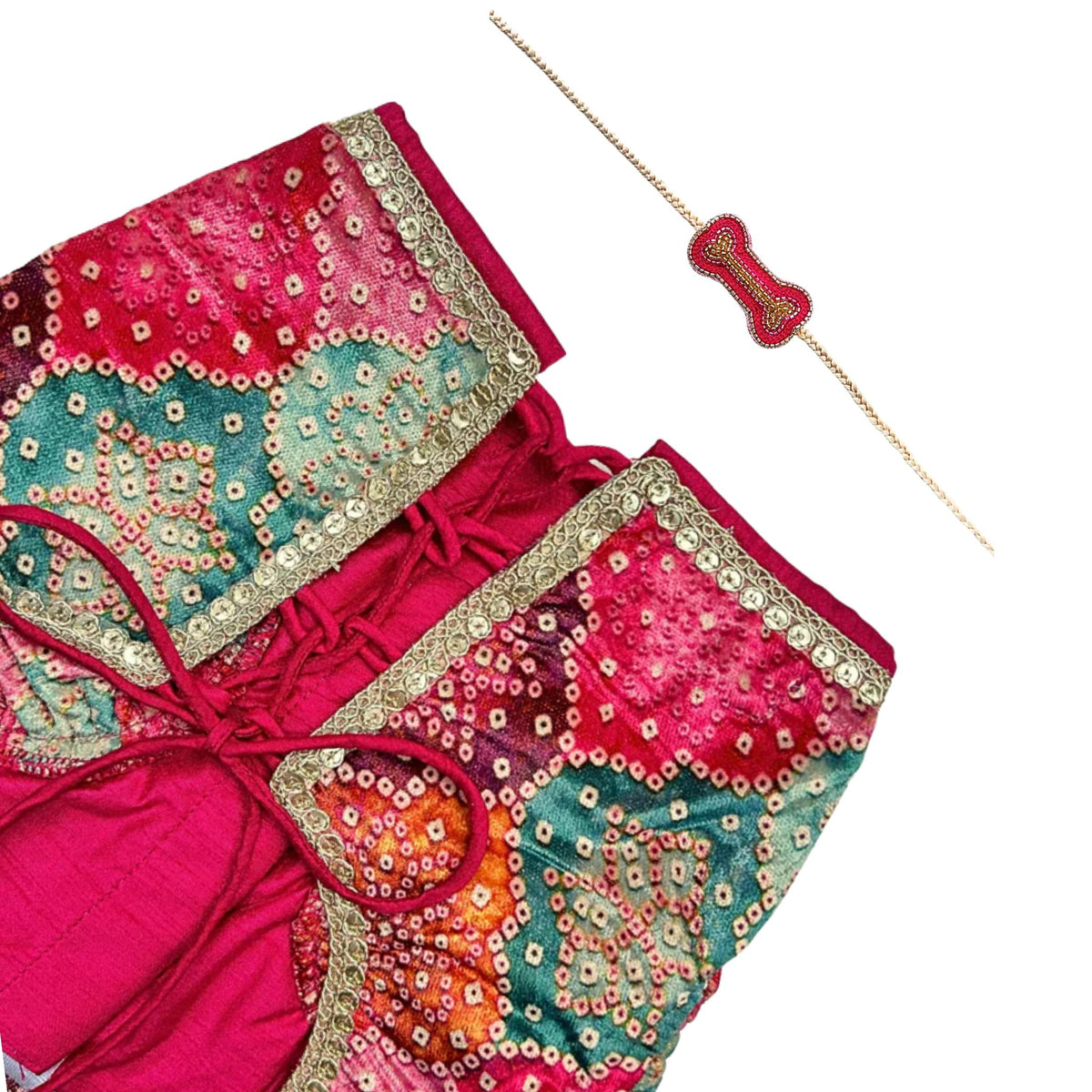 RANGREZ RANI VELVET LEHENGA + PINK GOLD BONE RAKHI FOR DOGS AND CATS