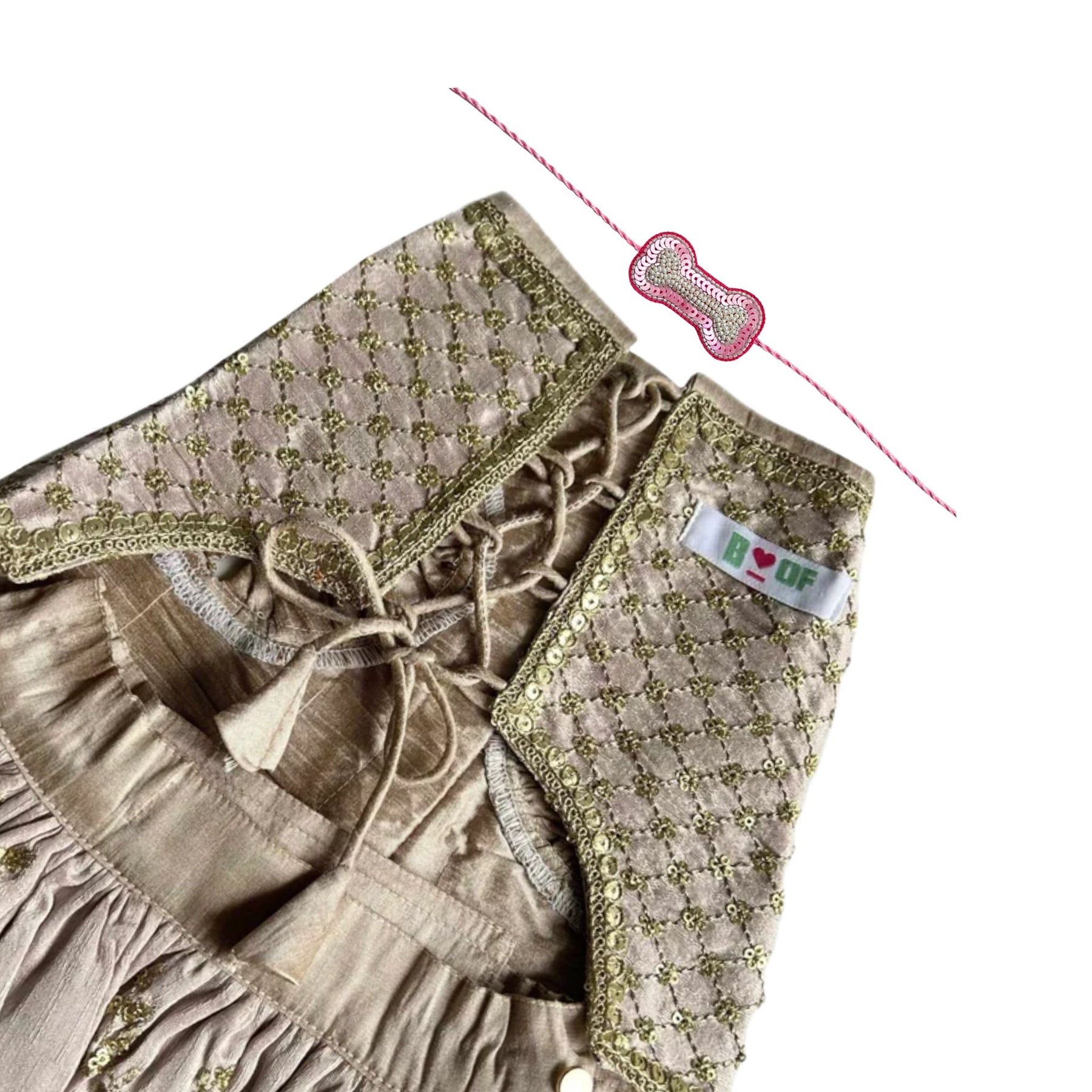 BLUSH PINK GOLD DOG LEHENGA + LIGHT PINK PEARL RAKHI FOR DOGS AND CATS