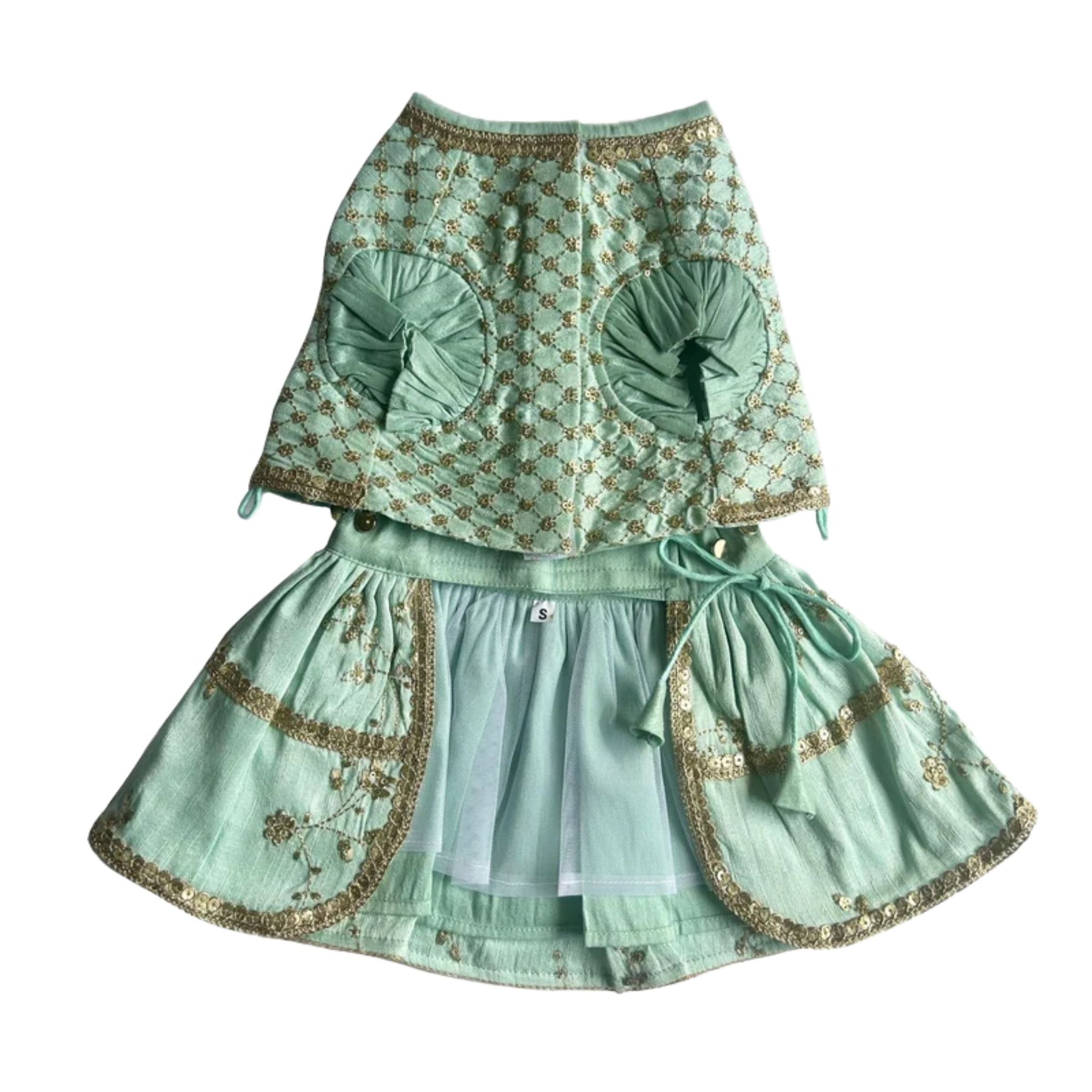 PASTEL BLUE GOLD DOG LEHENGA + AQUA GREEN PEARL BONE RAKHI FOR DOGS AND CATS
