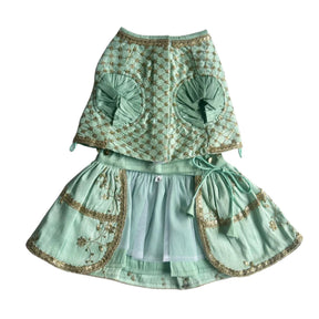 PASTEL BLUE GOLD DOG LEHENGA + AQUA GREEN PEARL BONE RAKHI FOR DOGS AND CATS