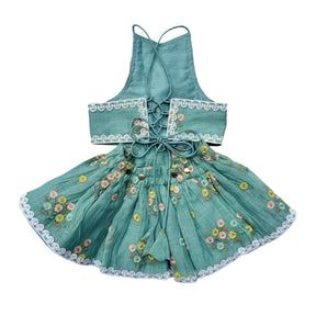 TEAL FLOWER EMBROIDERED LEHENGA + AQUA GREEN PEARL BONE RAKHI FOR DOGS AND CATS