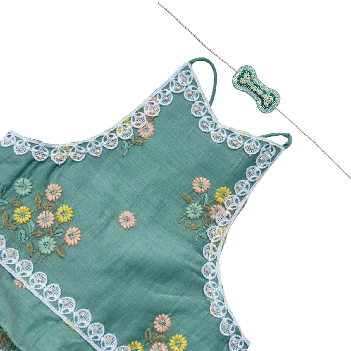 TEAL FLOWER EMBROIDERED LEHENGA + AQUA GREEN PEARL BONE RAKHI FOR DOGS AND CATS