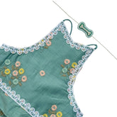 TEAL FLOWER EMBROIDERED LEHENGA + AQUA GREEN PEARL BONE RAKHI FOR DOGS AND CATS