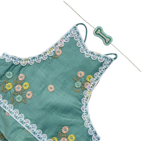 TEAL FLOWER EMBROIDERED LEHENGA + AQUA GREEN PEARL BONE RAKHI FOR DOGS AND CATS