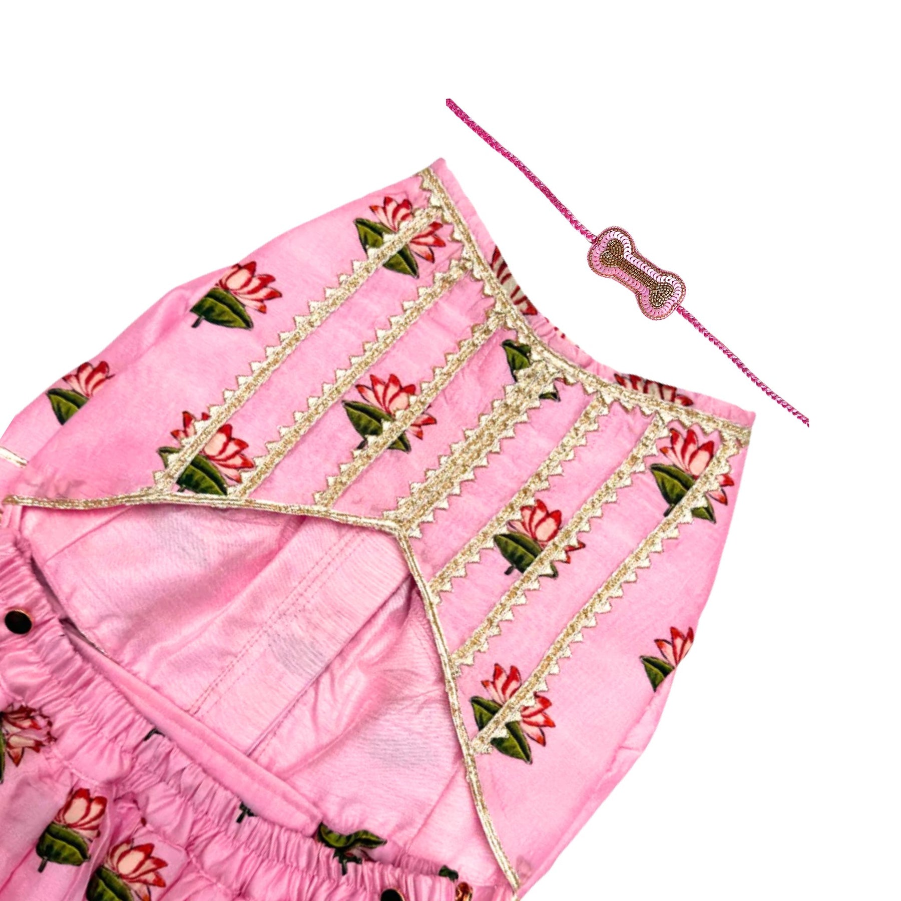RAJKAMAL PINK LEHENGA + PINK BONE RAKHI FOR DOGS AND CATS