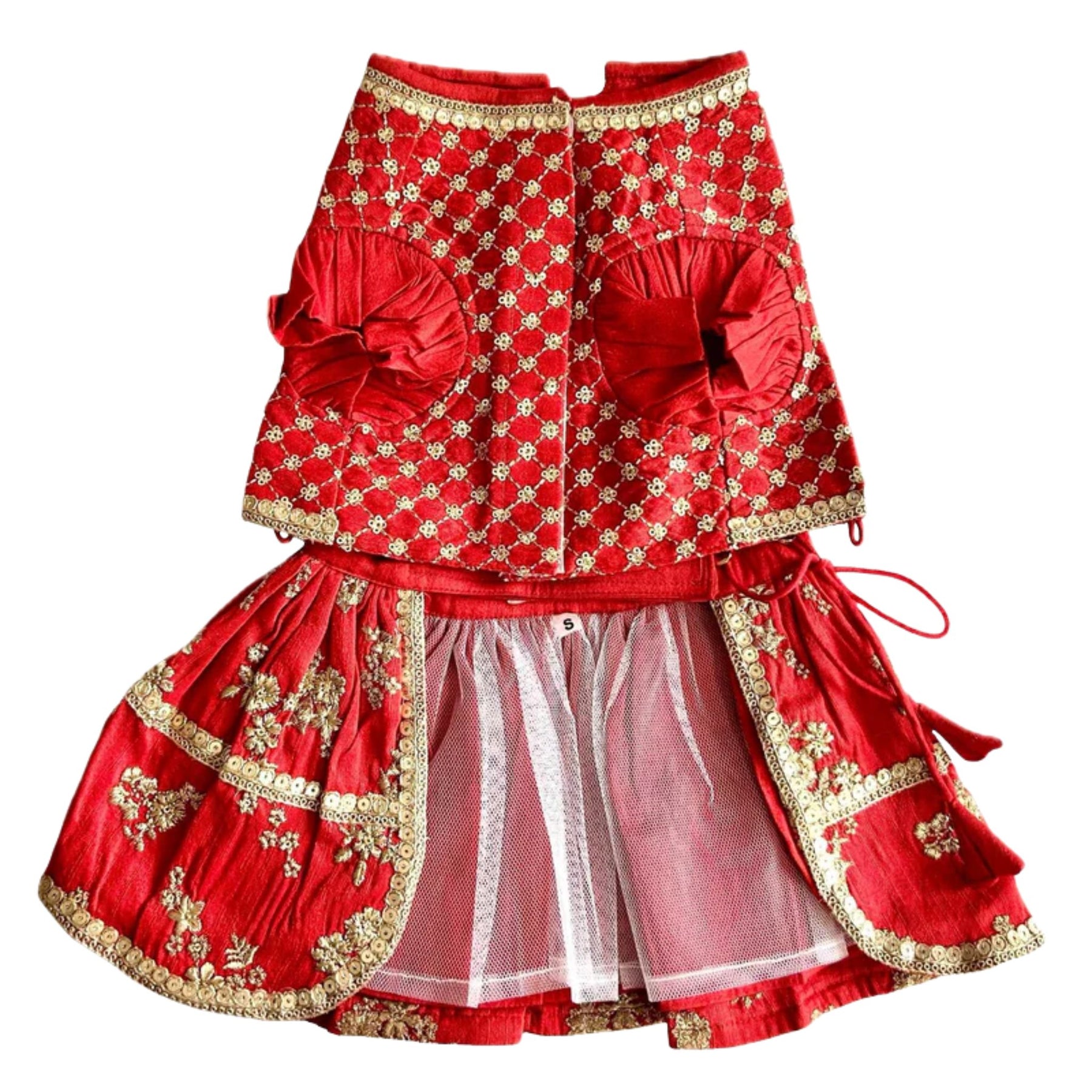 RED GOLD DOG LEHENGA + RED BONE RAKHI FOR DOGS AND CATS