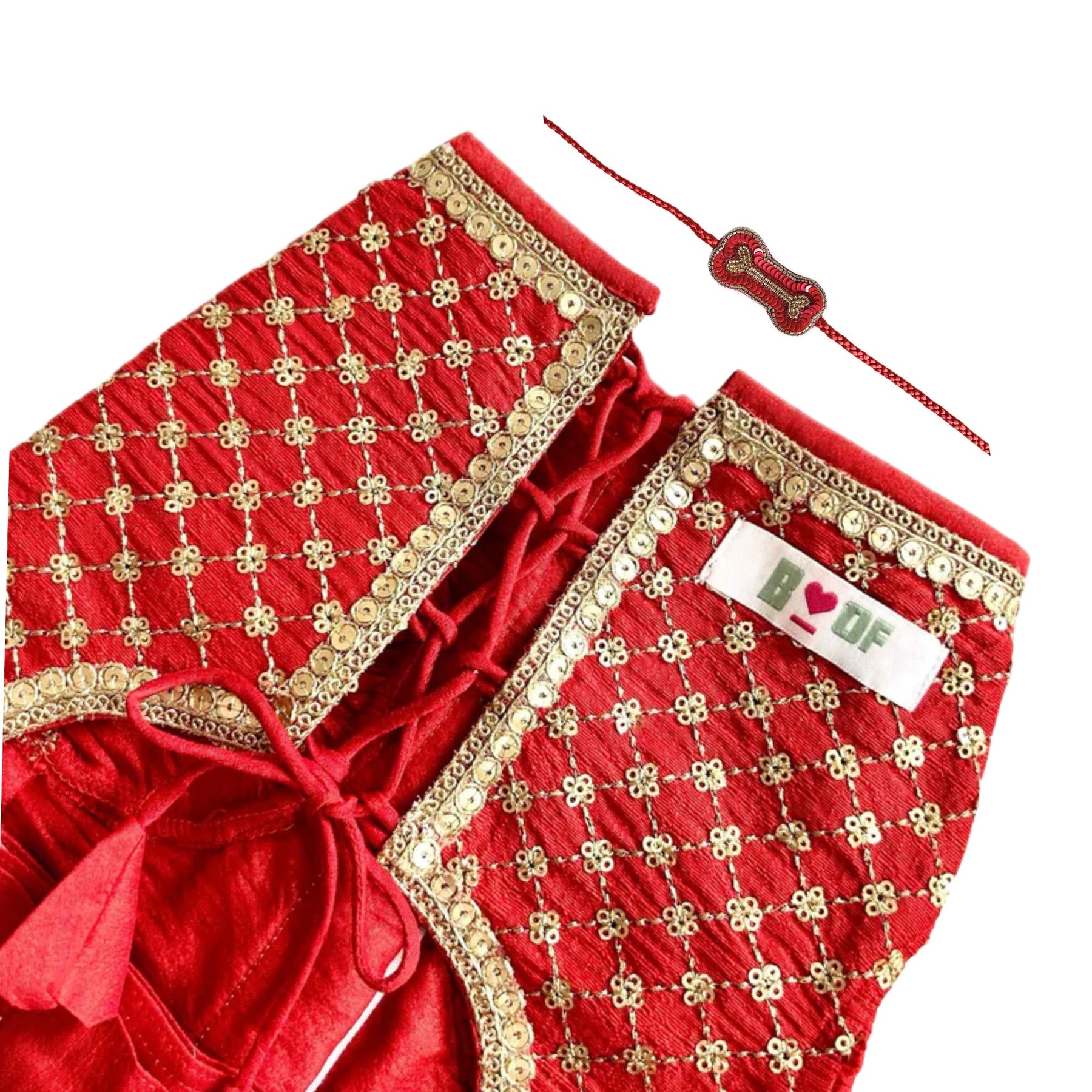 RED GOLD DOG LEHENGA + RED BONE RAKHI FOR DOGS AND CATS