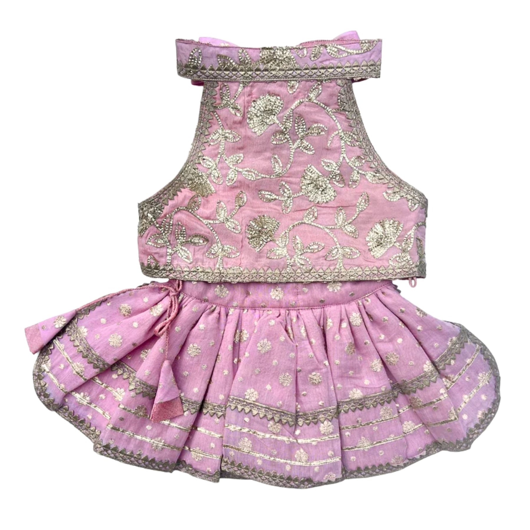 PASTEL PINK GOTA EMBROIDERED BOW LEHENGA + LIGHT PINK PEARL RAKHI FOR DOGS AND CATS