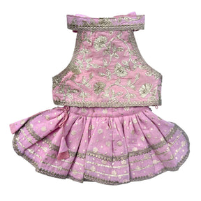 PASTEL PINK GOTA EMBROIDERED BOW LEHENGA + LIGHT PINK PEARL RAKHI FOR DOGS AND CATS