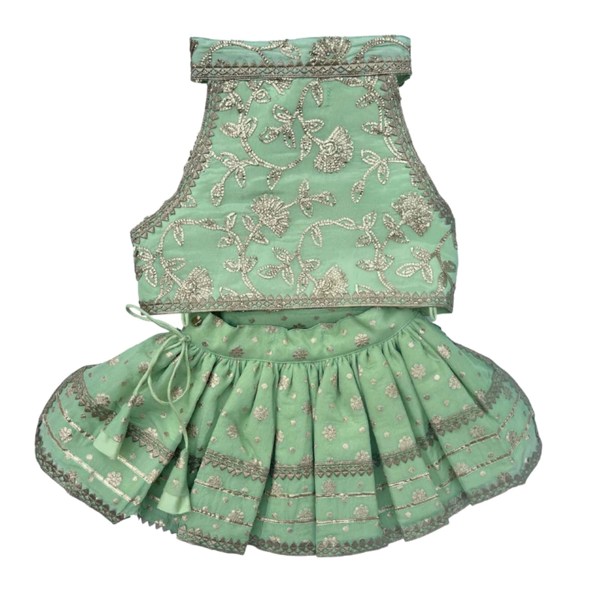 PASTEL GREEN GOTA EMBROIDERED BOW LEHENGA + LIGHT GREEN BONE RAKHI FOR DOGS AND CATS