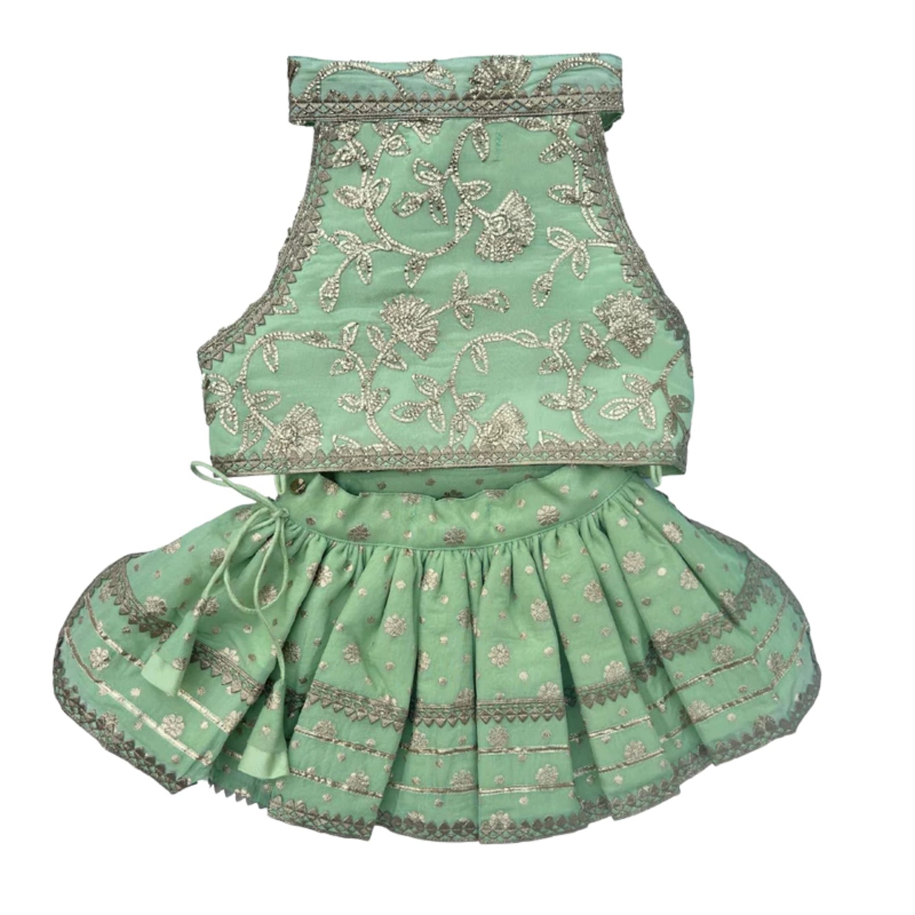 PASTEL GREEN GOTA EMBROIDERED BOW LEHENGA + LIGHT GREEN BONE RAKHI FOR DOGS AND CATS