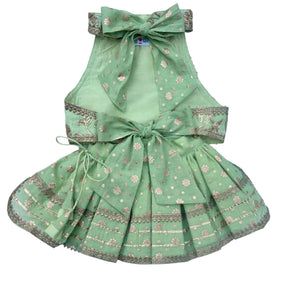 PASTEL GREEN GOTA EMBROIDERED BOW LEHENGA + LIGHT GREEN BONE RAKHI FOR DOGS AND CATS