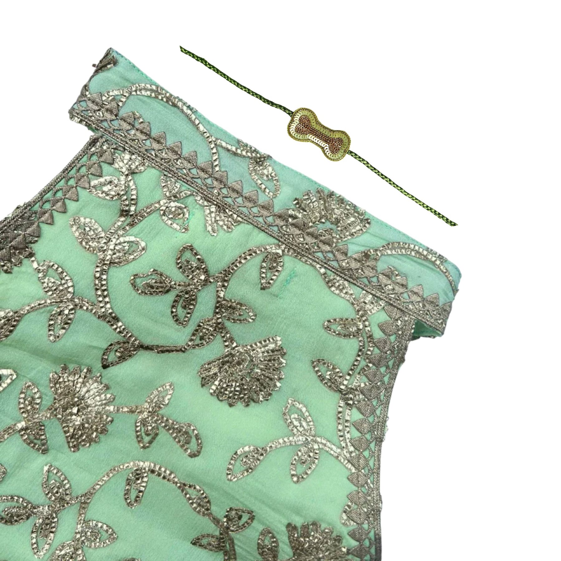 PASTEL GREEN GOTA EMBROIDERED BOW LEHENGA + LIGHT GREEN BONE RAKHI FOR DOGS AND CATS
