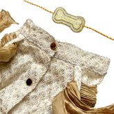OFFWHITE EMBROIDERED KURTA + SILVER PEARL GOLD BONE RAKHI FOR DOGS AND CATS