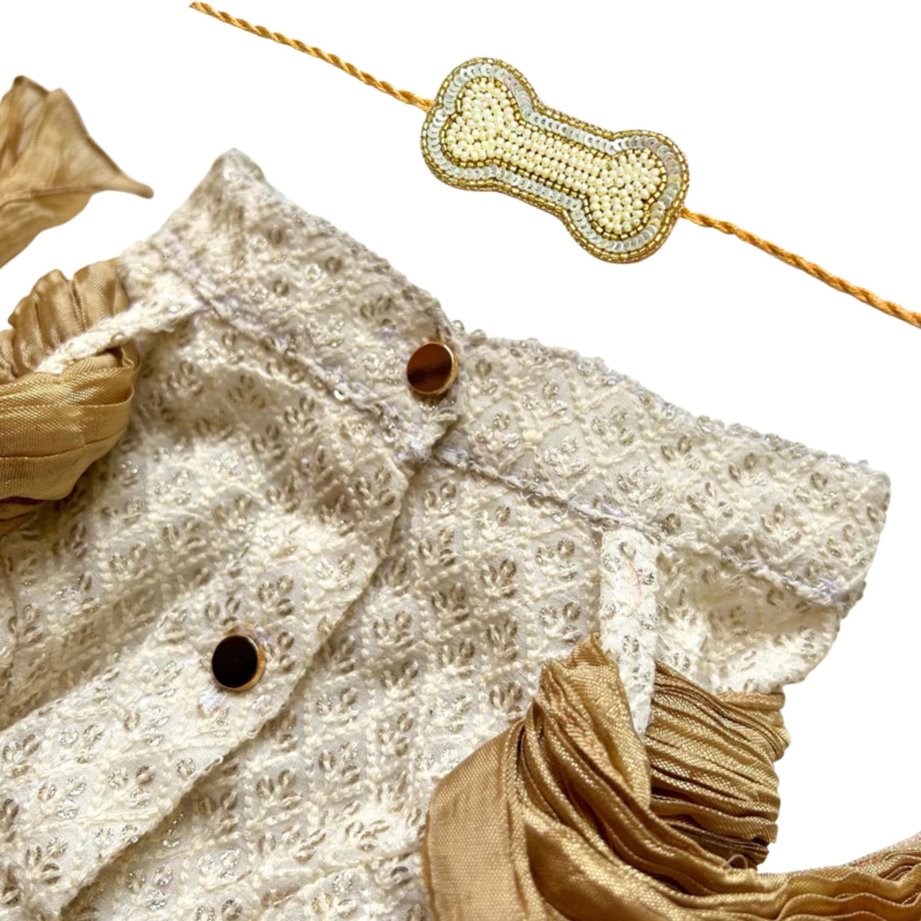 OFFWHITE EMBROIDERED KURTA + SILVER PEARL GOLD BONE RAKHI FOR DOGS AND CATS