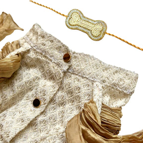OFFWHITE EMBROIDERED KURTA + SILVER PEARL GOLD BONE RAKHI FOR DOGS AND CATS