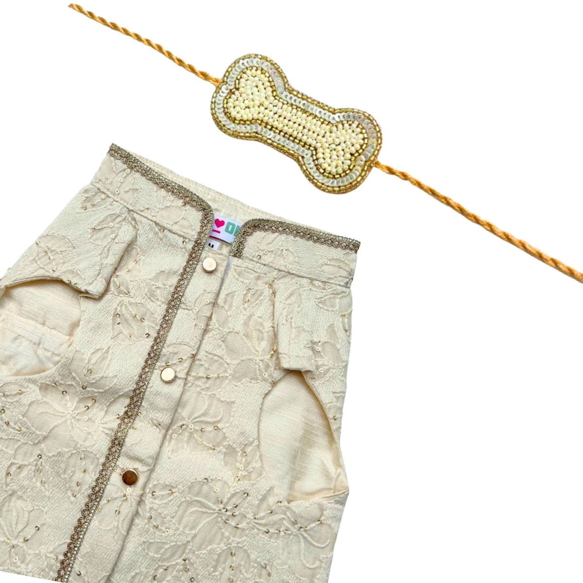 IVORY THREAD GUL SHERWANI + OFF-WHITE PEARL GOLD BONE RAKHI FOR DOGS AND CATS
