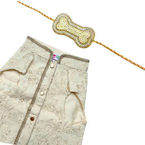 IVORY THREAD GUL SHERWANI + SILVER PEARL GOLD BONE RAKHI FOR DOGS AND CATS