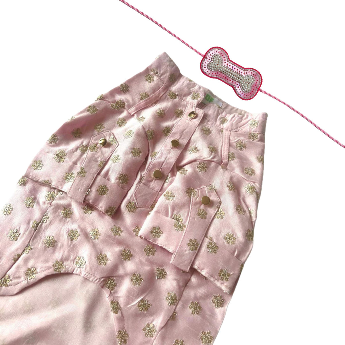 PASTEL PINK GOLD BUTTI KURTA + LIGHT PINK PEARL RAKHI FOR DOGS AND CATS