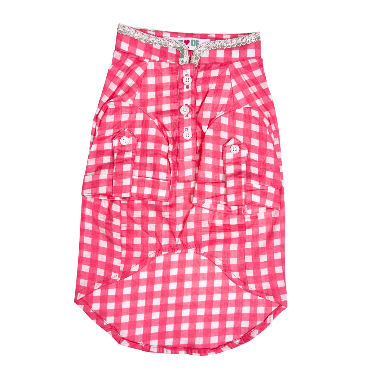 PINK CHECKED COTTON KURTA + SILVER PINK PEARL BONE RAKHI FOR DOGS AND CATS