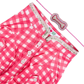 PINK CHECKED COTTON KURTA + SILVER PINK PEARL BONE RAKHI FOR DOGS AND CATS